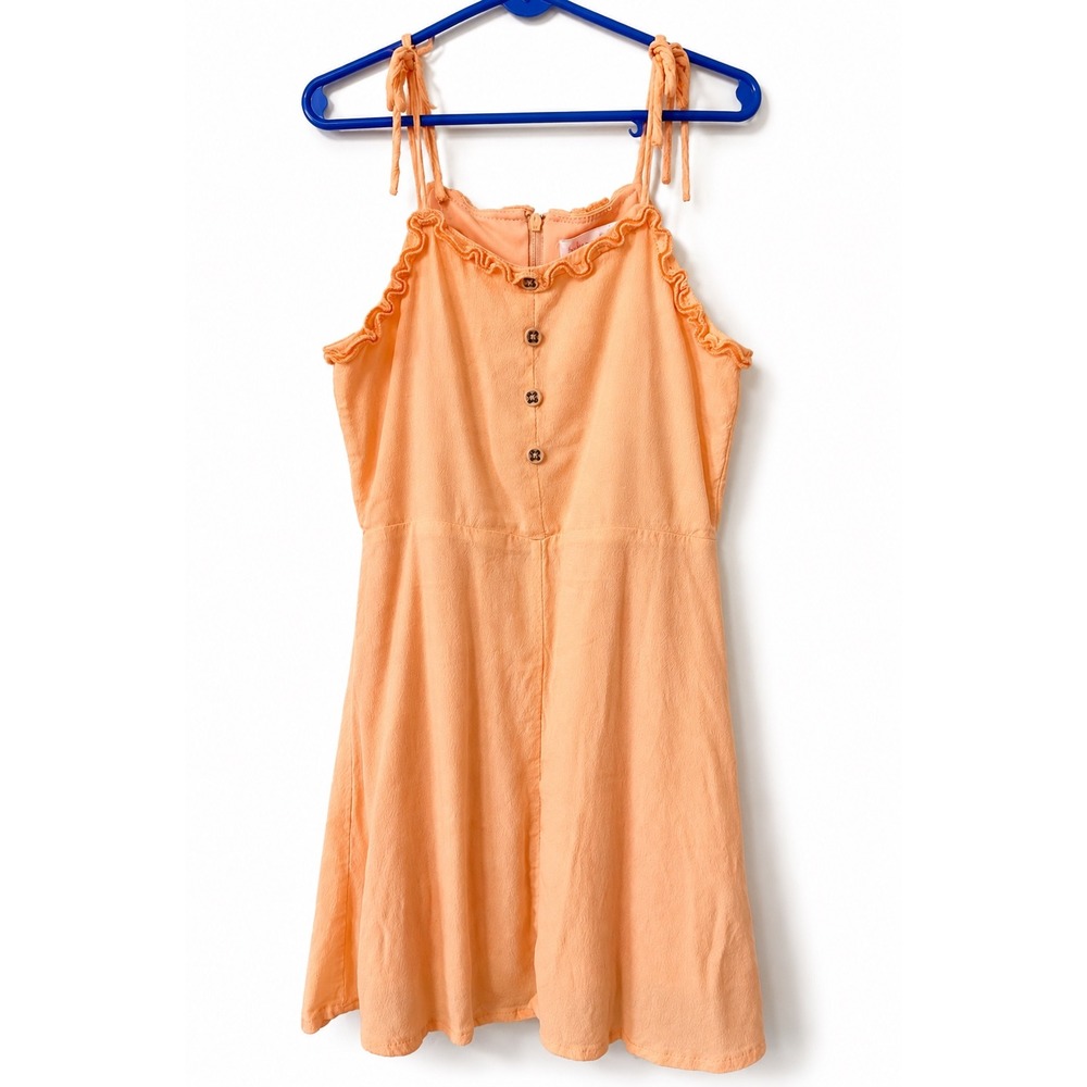 GB Girls Sundress Girls 6 Peach Excellent Ruffle Tie Strap Faux Button Mini